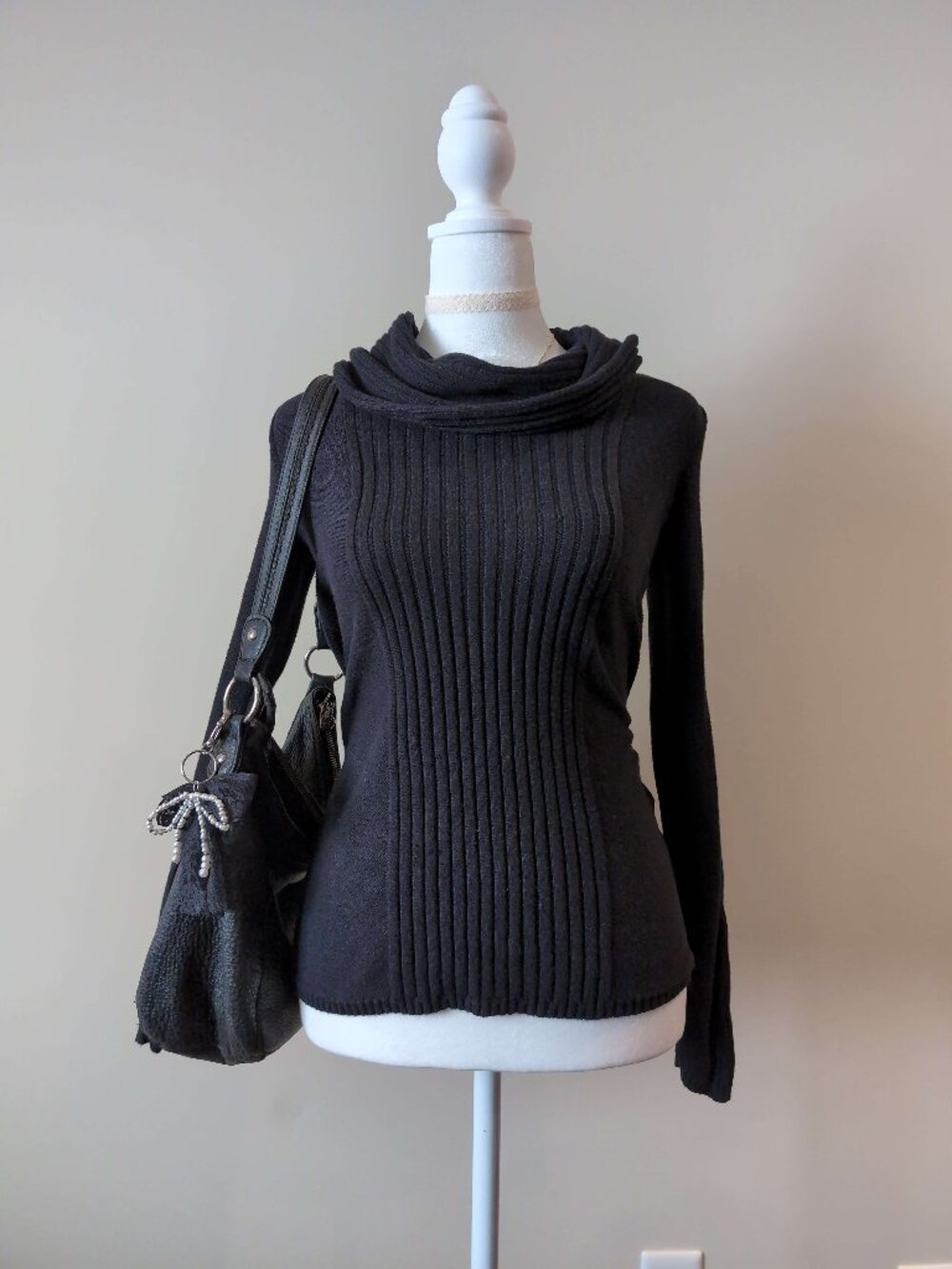 Black Fitted Ribbed Turtleneck Cowl Sweater
